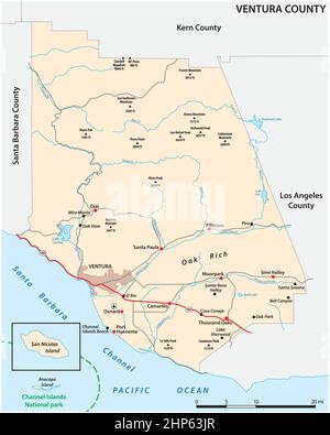 Carte routière vectorielle du comté de Ventura en Californie, États-Unis Illustration de Vecteur