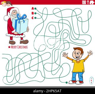 Jeu de labyrinthe avec dessin animé Santa Claus avec le présent et le garçon Illustration de Vecteur