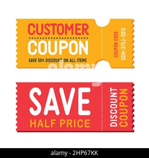 Bon de réduction. Offre à moitié prix, bon cadeau avec code promotionnel et modèle de bons. Illustration de Vecteur