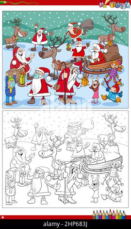 Bande dessinée Santa Claus personnages de Noël groupe de coloriage livre page Illustration de Vecteur