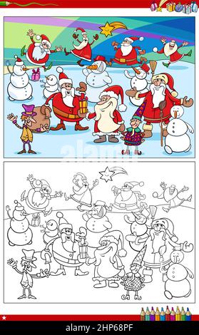 Page de livre de coloriage de groupe de personnages de Noël de dessin animé Illustration de Vecteur