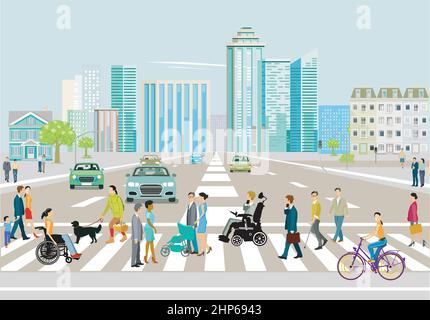 Silhouette de ville avec circulation routière et piétons sur le passage à Zébra, illustration Illustration de Vecteur