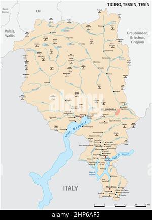 Carte vectorielle du canton suisse du Tessin avec les villes les plus importantes Illustration de Vecteur