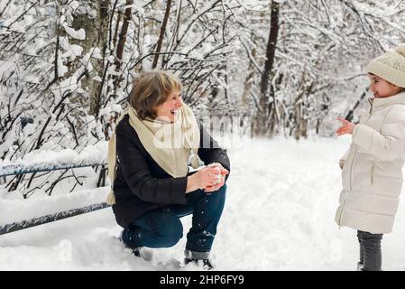 Une grand-mère de famille joyeuse avec des petits-enfants en vêtements chauds jouant à l'extérieur dans le parc d'hiver, profitant du temps gelé et enneigé, les enfants se spe activement Banque D'Images