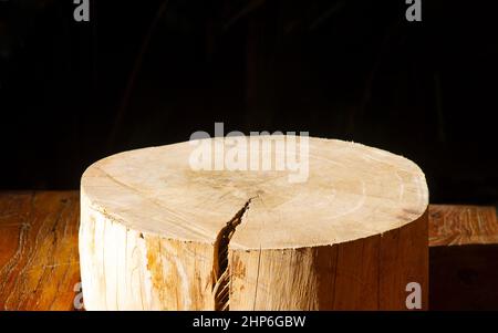 Forme cylindrique en forme de scie circulaire en bois pour l'affichage des produits, isolée sur fond sombre Banque D'Images