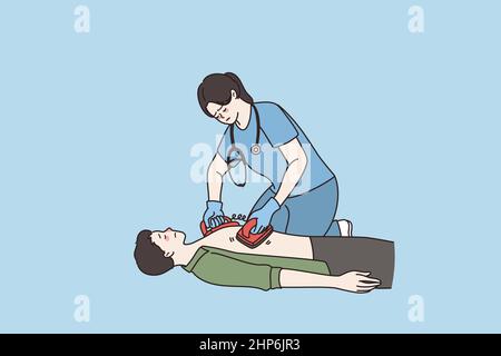 Une infirmière utilise un défibrillateur pour un arrêt cardiaque Illustration de Vecteur