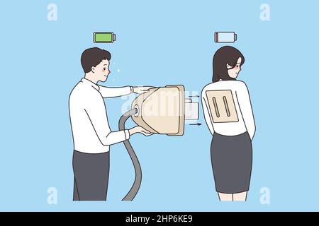 Homme énergique recharger femme épuisé collègue avec une énorme prise Illustration de Vecteur