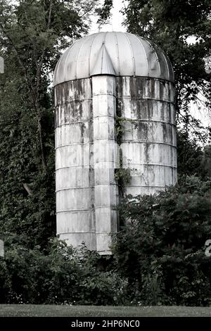 Cliché vertical en niveaux de gris d'un ancien silo abandonné Banque D'Images
