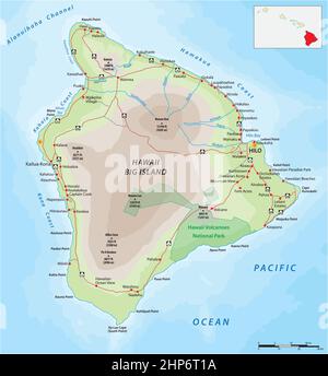 Carte routière de la plus grande île hawaïenne, Big Island, Hawaï Illustration de Vecteur