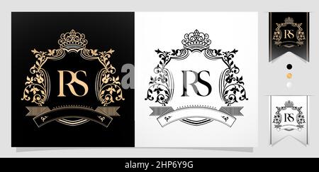 Emblème royal RS ou SR avec couronne, lettre initiale et nom graphique cadres bordure de motifs floraux avec deux couleurs différentes, monogramme RS ou SR, pour insigne, cadres de lettres initiaux, nom de couple de mariage Illustration de Vecteur