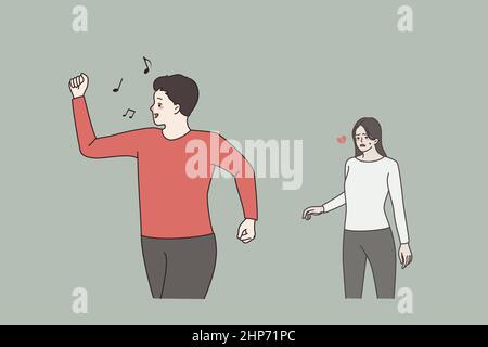 Homme heureux fin de relation laisser la femme malheureuse derrière Illustration de Vecteur