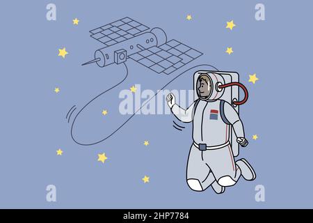Astronaute en costume avec satellite artificiel dans l'espace Illustration de Vecteur