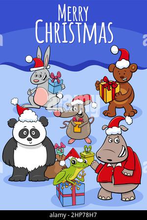 Illustration de la carte de vœux avec des animaux de la bande dessinée à l'heure de Noël Illustration de Vecteur