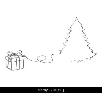 Dessin continu d'un arbre de Noël et d'un cadeau. Le minimalisme vectoriel pour la bannière de fête. Illustration de Vecteur