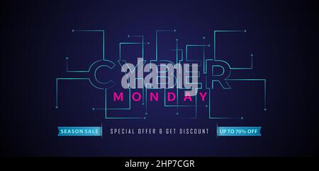 Illustration de LA lettre DU CYBER LUNDI sur fond sombre avec concept de technologie pour la publicité, la boutique en ligne promotionnelle, l'affiche, la bannière Web, la brochure et le concept de conception de prospectus. Illustration de Vecteur