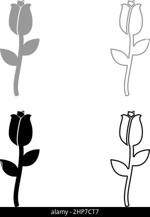 Rose Set icône gris noir couleur vecteur illustration image style plat plein contour ligne de contour mince Illustration de Vecteur