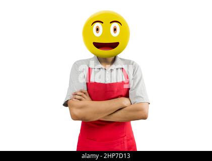 Emoji tête commerçant debout avec ses bras pliés et souriant à la caméra isolé fond blanc.Emoji concept. Banque D'Images