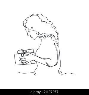 Vector abstrait continu une ligne simple dessin icône de femme de féliciter avec boîte cadeau anniversaire de noël dans silhouette croquis. Illustration de Vecteur