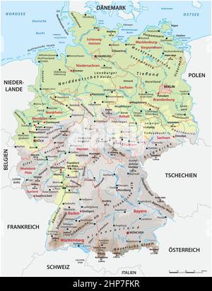 Carte physique et administrative très détaillée de l'Allemagne avec étiquetage allemand Illustration de Vecteur