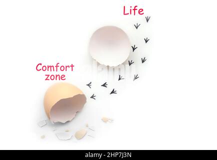 Empreintes d'un coquillage. Premières étapes d'un poussin sur un fond blanc isolé. Concept de sortie de la zone de confort, une nouvelle vie, le progrès Banque D'Images