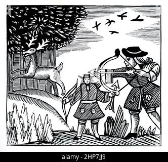 18th Century Children’s The True Tale of Robin des Bois CHAP Book illustration de la coupe du bois, cerf de chasse à Sherwood Forst Banque D'Images
