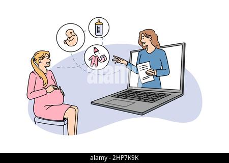 Femme enceinte parle en ligne sur ordinateur avec gynécologue Illustration de Vecteur