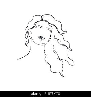 Vecteur résumé continu une seule ligne simple dessin icône de jeune femme avec long sain dans silhouette esquisse. Illustration de Vecteur