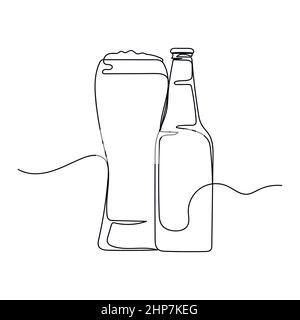 Vecteur résumé continu une seule ligne simple dessin icône de bouteille de bière et de verre avec bière dans le dessin de silhouette. Illustration de Vecteur