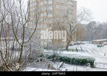 Moor Allerton, Leeds, West Yorkshire, Royaume-Uni First Snow 19 Fév 2022 13,00 Banque D'Images