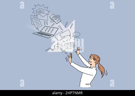 Une femme stressée arrête une surcharge d'informations excessive Illustration de Vecteur
