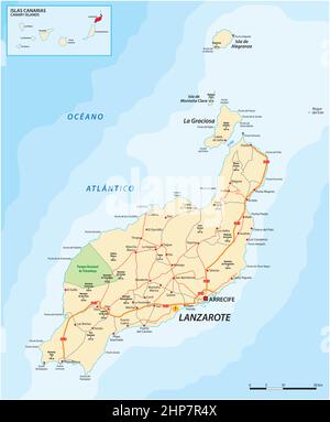 Carte routière vectorielle de l'île des Canaries Lanzarote Illustration de Vecteur