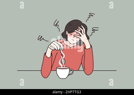 La femme fatiguée boit le café souffrent de fatigue Illustration de Vecteur