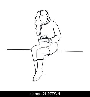 Vecteur résumé continu une ligne simple dessin icône de fille assis ouvre des cadeaux de noël dans le dessin de silhouette. Illustration de Vecteur