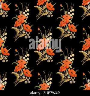 bouquet de coquelicots sans couture isolé sur fond noir. Photo de haute qualité Banque D'Images