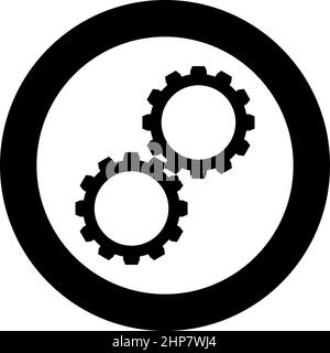 Deux engrenages engrenage roue dentée jeu roues dentées connectées dans le mécanisme de travail icône en cercle rond noir couleur vecteur illustration image style de contour solide Illustration de Vecteur