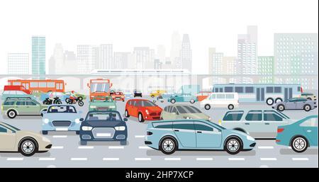 Grande ville en heure de pointe à une intersection dans l'embouteillage et illustration des transports en commun Illustration de Vecteur