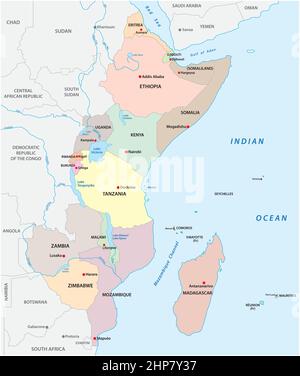 carte vectorielle politique de la région de l'afrique de l'est Illustration de Vecteur