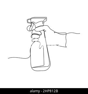 Vector Continuous une seule ligne représentant une icône représentant une main dans un gant tenant une bouteille de détergent nettoyant en silhouette sur fond blanc. Linéaire stylisé. Illustration de Vecteur