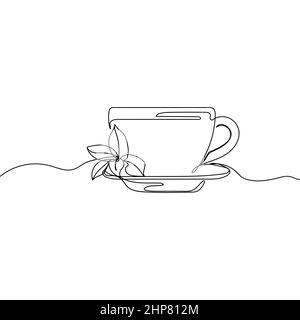 Vecteur continu une seule ligne représentant une icône représentant une tasse de thé aromatique chaud avec menthe en silhouette sur fond blanc. Linéaire stylisé. Illustration de Vecteur