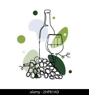 Vecteur résumé continu une seule ligne simple dessin icône de verre de vin un bouquet de raisins en silhouette croquis. Idéal pour les cartes de vœux Illustration de Vecteur