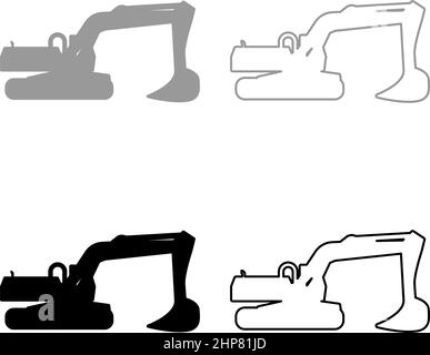 Pelle hydraulique silhouette équipement spécial excavatrice machine de construction poussiéreuse ensemble icône gris noir couleur vecteur illustration image style plat remplissage plein contour ligne mince Illustration de Vecteur