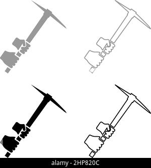 Mine pioche Mattock pioche hache dans main ensemble icône gris noir couleur vecteur illustration image style plat plein remplir contour ligne mince Illustration de Vecteur