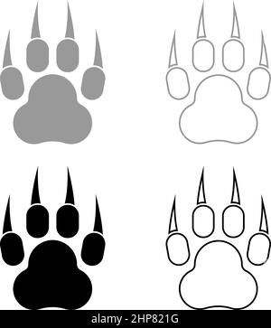 Imprimer paw animal avec griffes pied set icône gris noir couleur vecteur illustration image style plat fond plein contour ligne mince Illustration de Vecteur