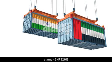 Conteneurs de fret avec drapeaux nationaux de l'Inde et des Émirats arabes Unis. 3D rendu Banque D'Images