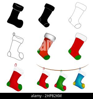 Chaussettes de Noël. Élément de vêtement plat de dessin animé tendance et attributs de célébration d'hiver avec des motifs et des ornements. Illustrations de bas de Noël colorées Vector Set des fêtes Illustration de Vecteur