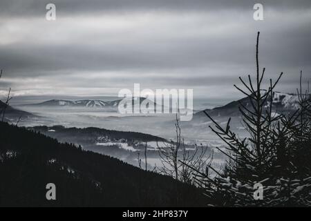 Vue sur la vallée en hiver avec pins et montagnes et nuages Banque D'Images