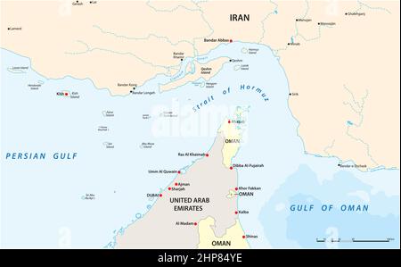 Carte vectorielle graphique du détroit d'Ormuz, Iran, Oman Illustration de Vecteur