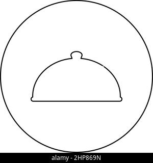 Cloche plat de service couvercle de restaurant couvre-assiette dôme pour garder les aliments au chaud couvercle Convex exquise présentation repas gastronomique concept de restauration icône dans le cercle rond noir couleur vecteur illustration image contour ligne fine style Illustration de Vecteur