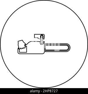 Scie à chaîne à main à bois de bûcheron icône en cercle rond noir couleur vecteur illustration image contour ligne fine style Illustration de Vecteur