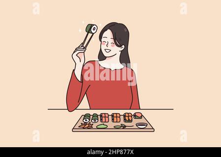 Femme souriante mangeant des sushis au restaurant japonais Illustration de Vecteur